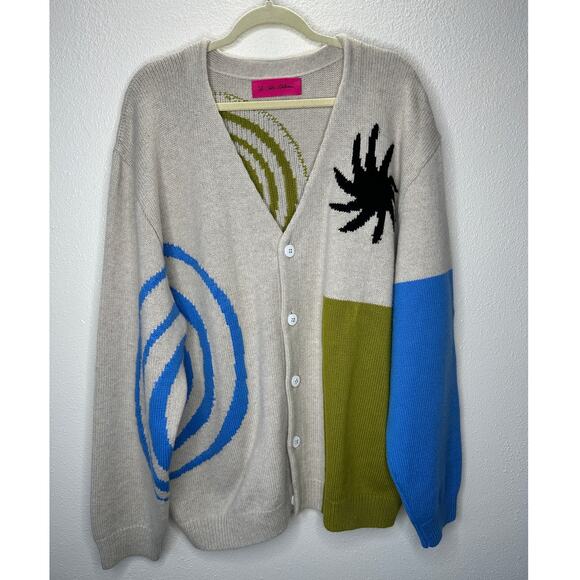 The Elder Statesman Tan Blue Green Block & Spiral Cashmere Cardigan L - Picture 2 of 15